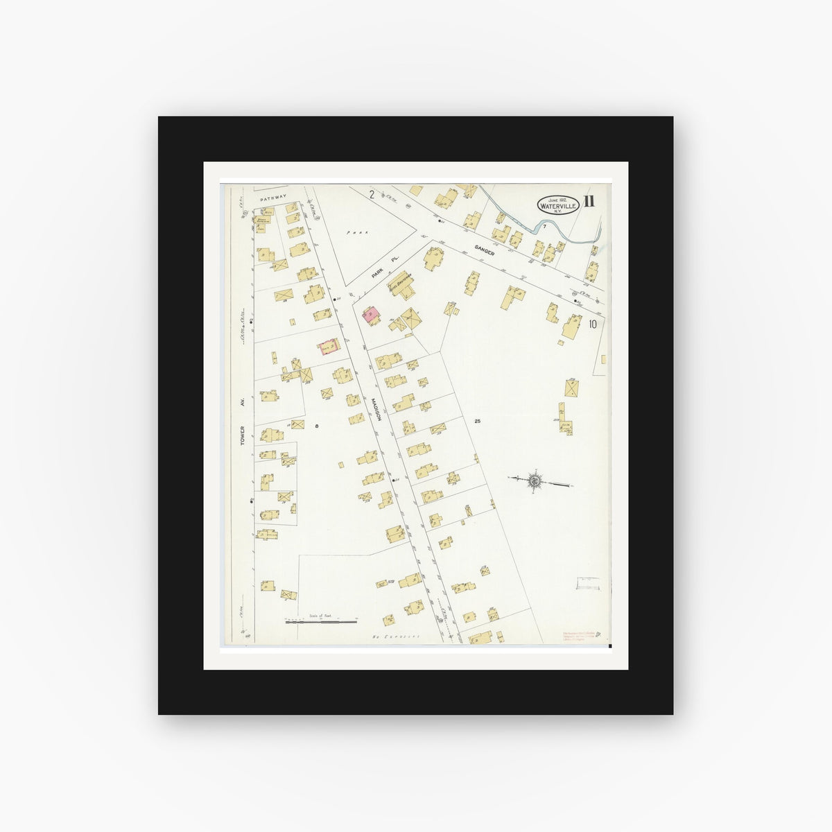 Old map wall art mockup — black gallery frame with white mat — Sanborn Fire Insurance Map from Waterville, Oneida County, New York (1912), Sheet #0011