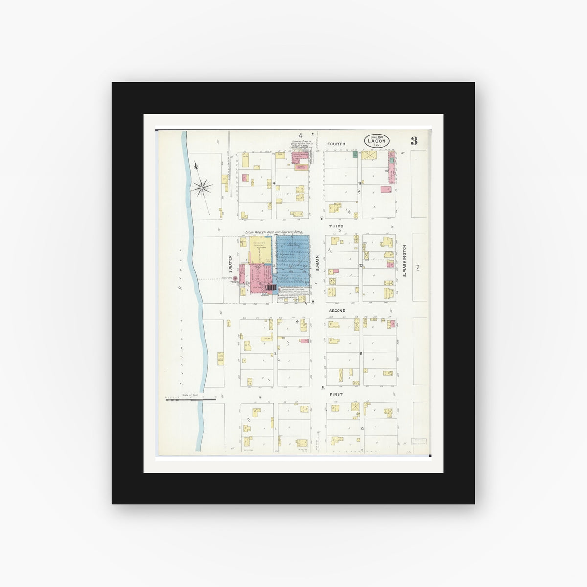 Old map wall art mockup — black gallery frame with white mat — Sanborn Fire Insurance Map from Lacon, Marshall County, Illinois (1907), Sheet #0003