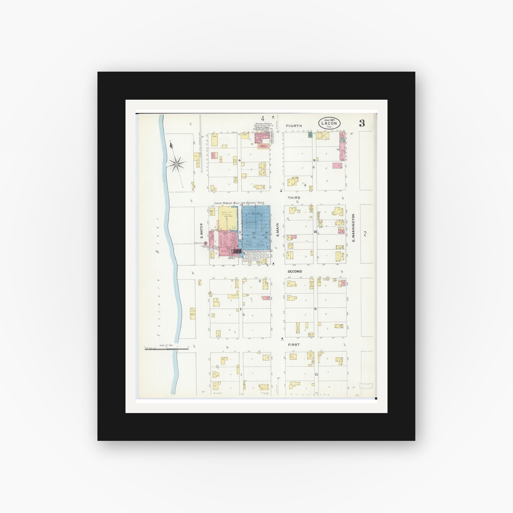 Old map wall art mockup — black gallery frame with white mat — Sanborn Fire Insurance Map from Lacon, Marshall County, Illinois (1907), Sheet #0003