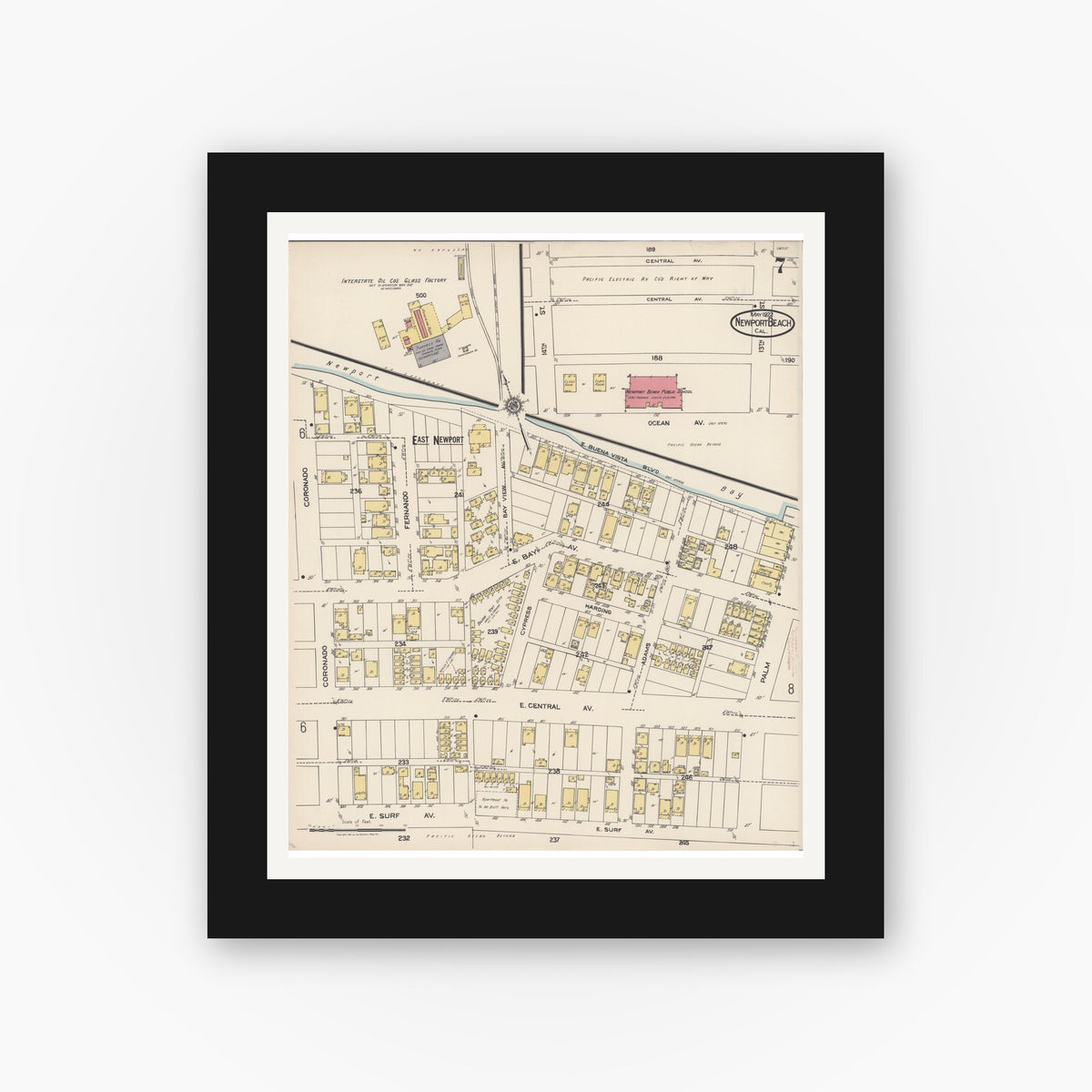 Old map wall art mockup — black gallery frame with white mat — Sanborn Fire Insurance Map from Newport Beach, Orange County, California (1922), Sheet #0007