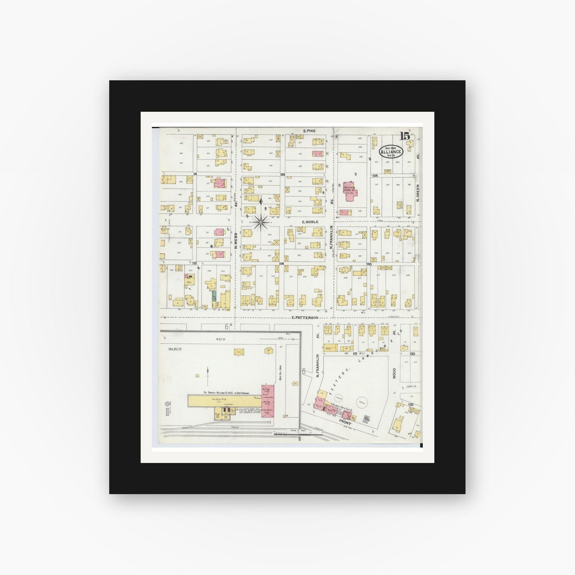 Old map wall art mockup — black gallery frame with white mat — Sanborn Fire Insurance Map from Alliance, Stark County, Ohio (1904), Sheet #0015