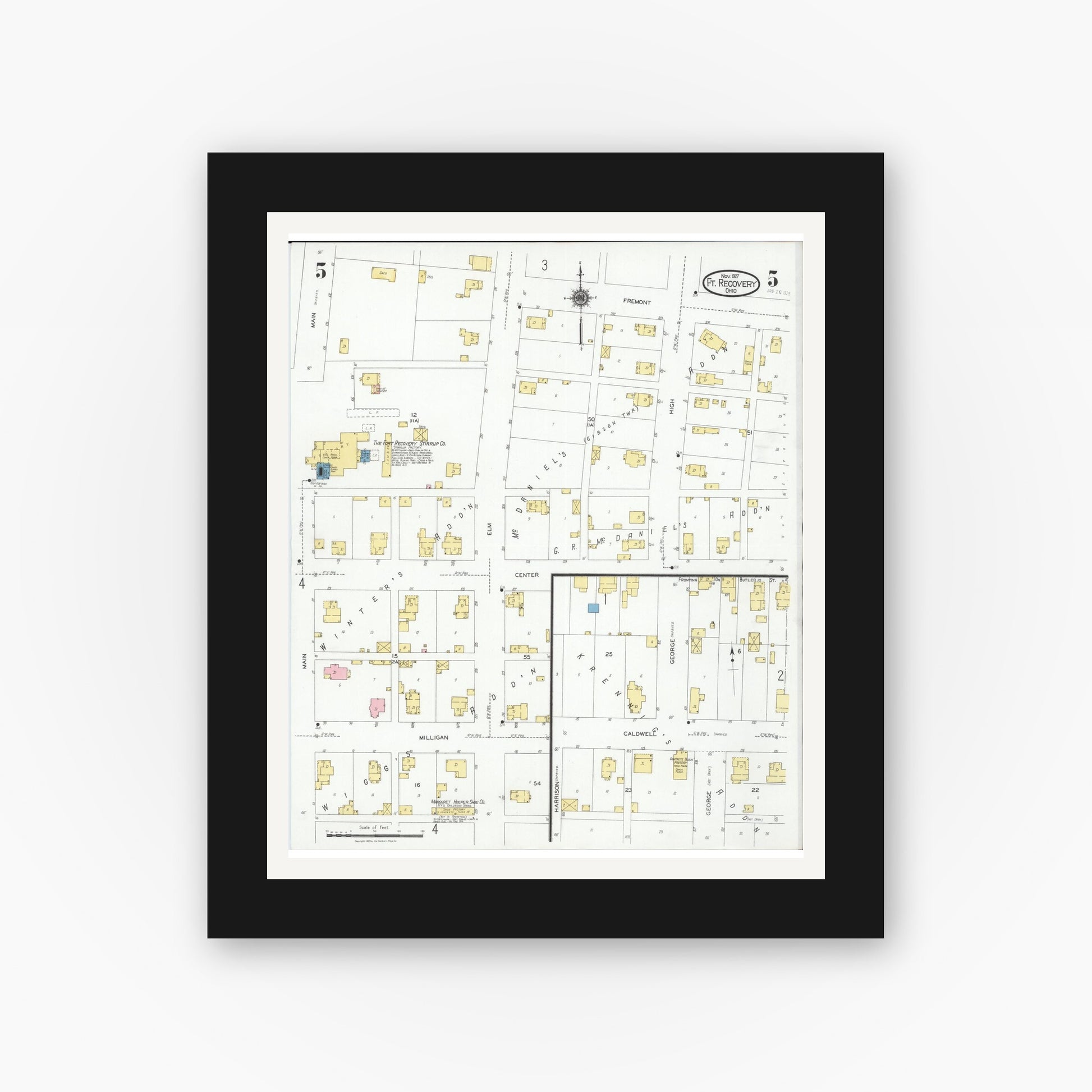 Old map wall art mockup — black gallery frame with white mat — Sanborn Fire Insurance Map from Fort Recovery, Mercer County, Ohio (1927), Sheet #0005