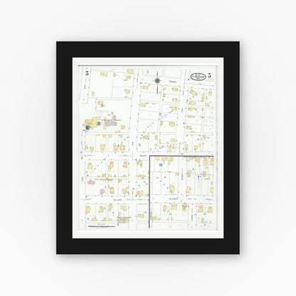 Old map wall art mockup — black gallery frame with white mat — Sanborn Fire Insurance Map from Fort Recovery, Mercer County, Ohio (1927), Sheet #0005