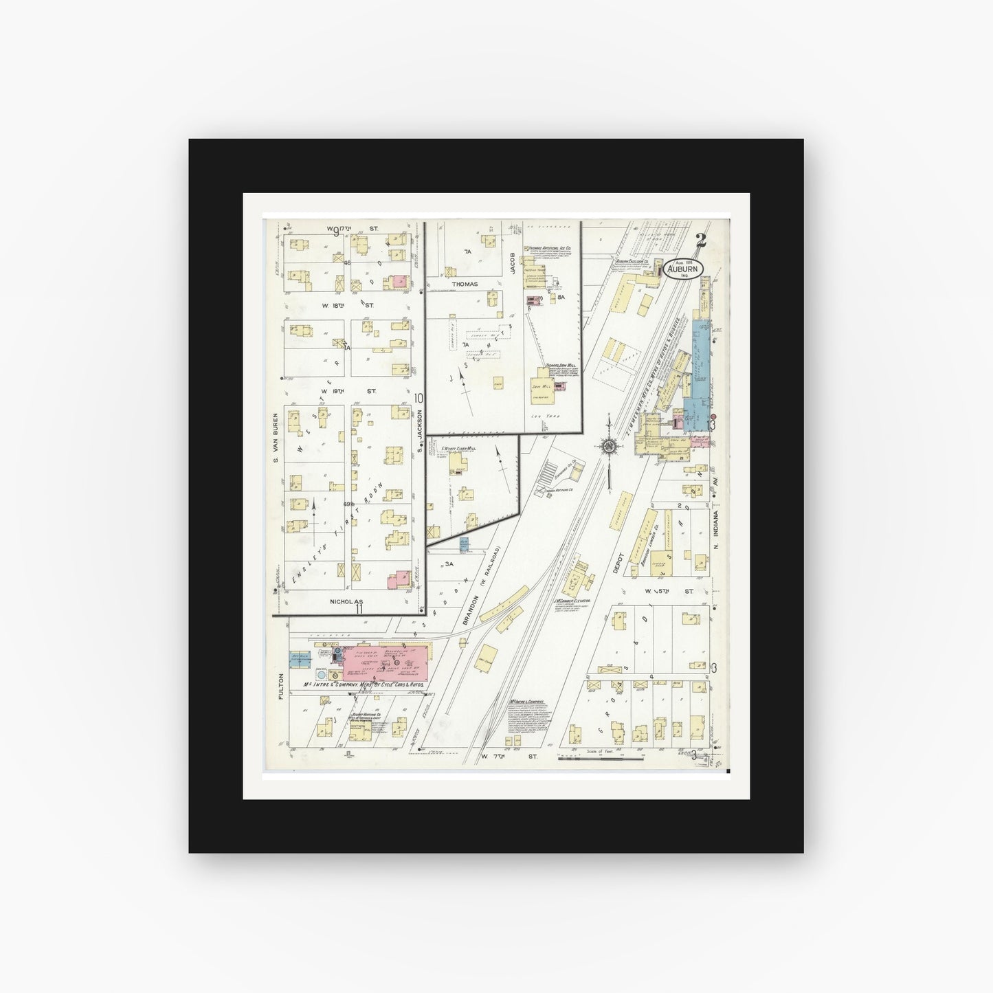 Old map wall art mockup — black gallery frame with white mat — Sanborn Fire Insurance Map from Auburn, De Kalb County, Indiana (1914), Sheet #0002