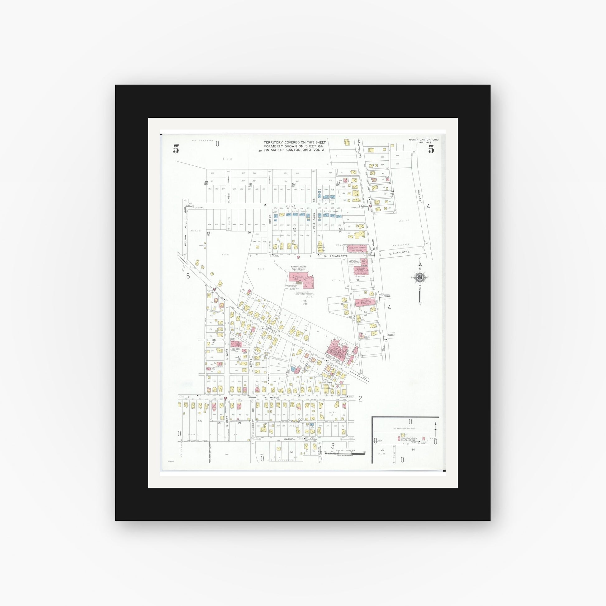 Old map wall art mockup — black gallery frame with white mat — Sanborn Fire Insurance Map from North Canton, Stark County, Ohio (1948), Sheet #0005