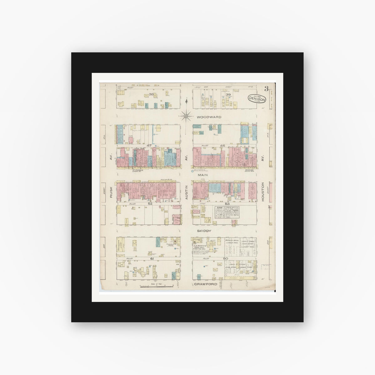 Old map wall art mockup — black gallery frame with white mat — Sanborn Fire Insurance Map from Denison, Grayson County, Texas (1885), Sheet #0003