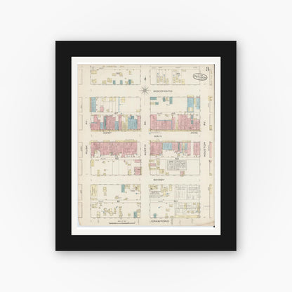 Old map wall art mockup — black gallery frame with white mat — Sanborn Fire Insurance Map from Denison, Grayson County, Texas (1885), Sheet #0003