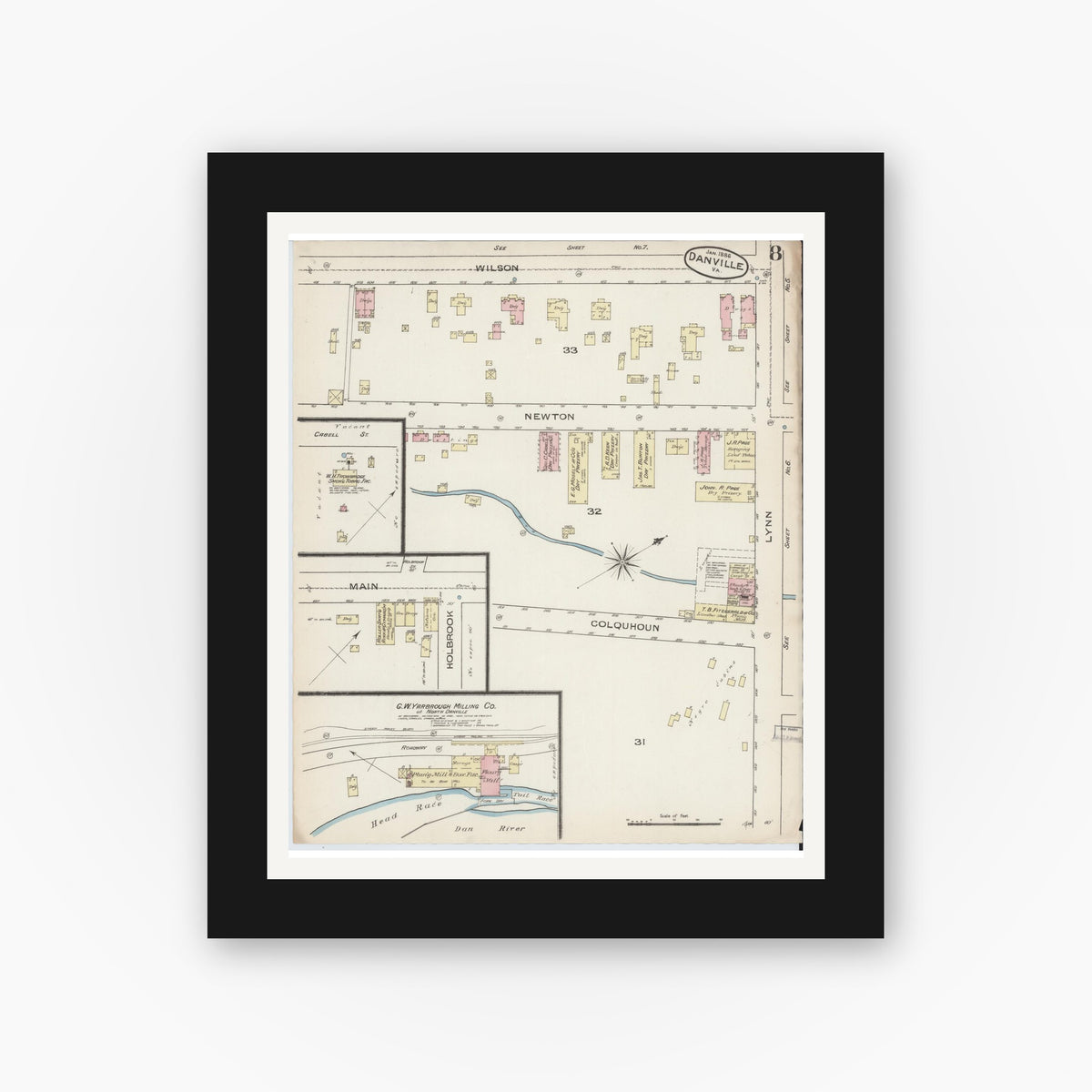 Old map wall art mockup — black gallery frame with white mat — Sanborn Fire Insurance Map from Danville, Independent Cities, Virginia (1886), Sheet #0008