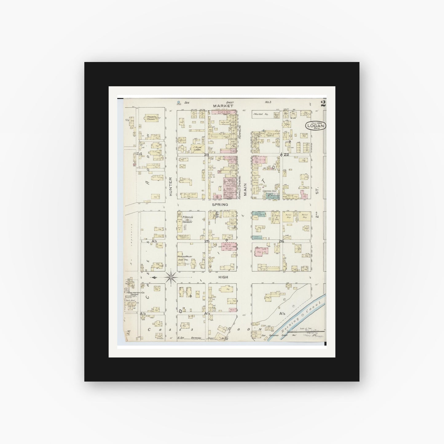 Old map wall art mockup — black gallery frame with white mat — Sanborn Fire Insurance Map from Logan, Hocking County, Ohio (1886), Sheet #0002