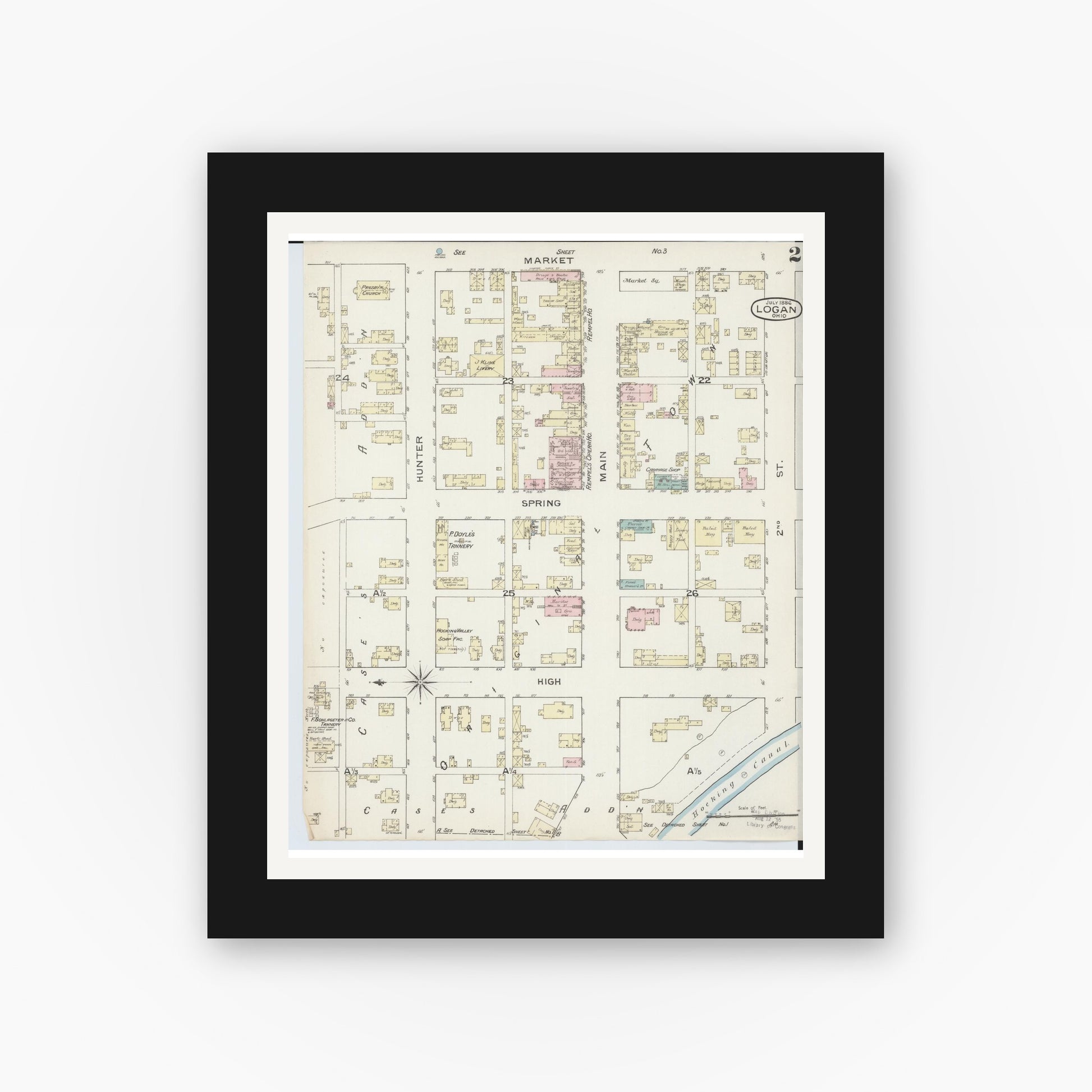 Old map wall art mockup — black gallery frame with white mat — Sanborn Fire Insurance Map from Logan, Hocking County, Ohio (1886), Sheet #0002