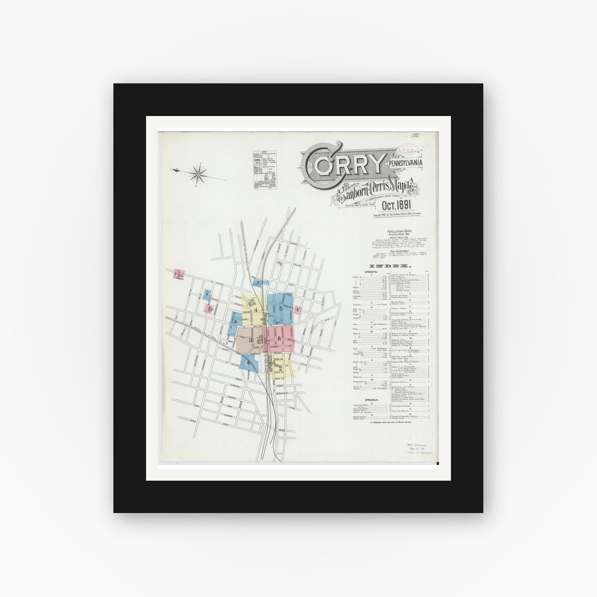 Old map wall art mockup — black gallery frame with white mat — Sanborn Fire Insurance Map from Corry, Erie County, Pennsylvania (1891) - Complete Map Set