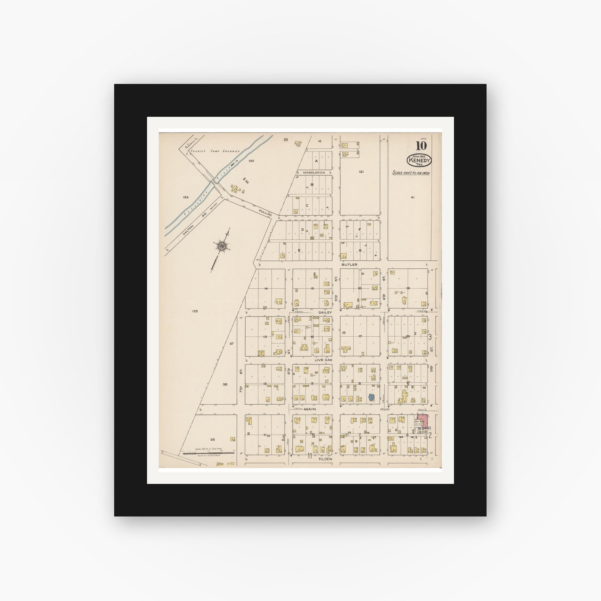 Old map wall art mockup — black gallery frame with white mat — Sanborn Fire Insurance Map from Kenedy, Karnes County, Texas (1922), Sheet #0010