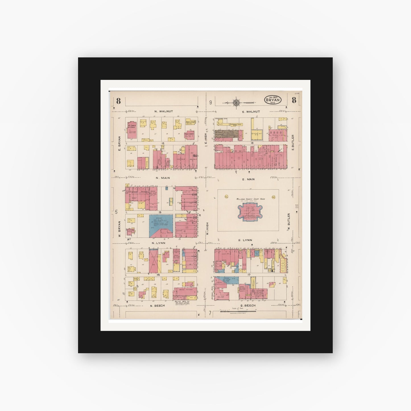 Old map wall art mockup — black gallery frame with white mat — Sanborn Fire Insurance Map from Bryan, Williams County, Ohio (1923), Sheet #0008