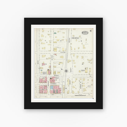 Old map wall art mockup — black gallery frame with white mat — Sanborn Fire Insurance Map from Brenham, Washington County, Texas (1891), Sheet #0004
