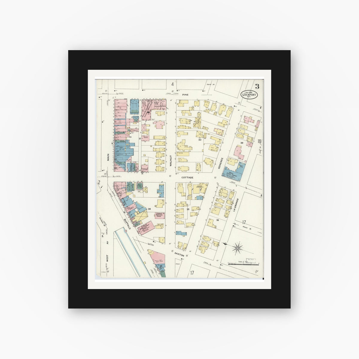 Old map wall art mockup — black gallery frame with white mat — Sanborn Fire Insurance Map from Lockport, Niagara County, New York (1909), Sheet #0003