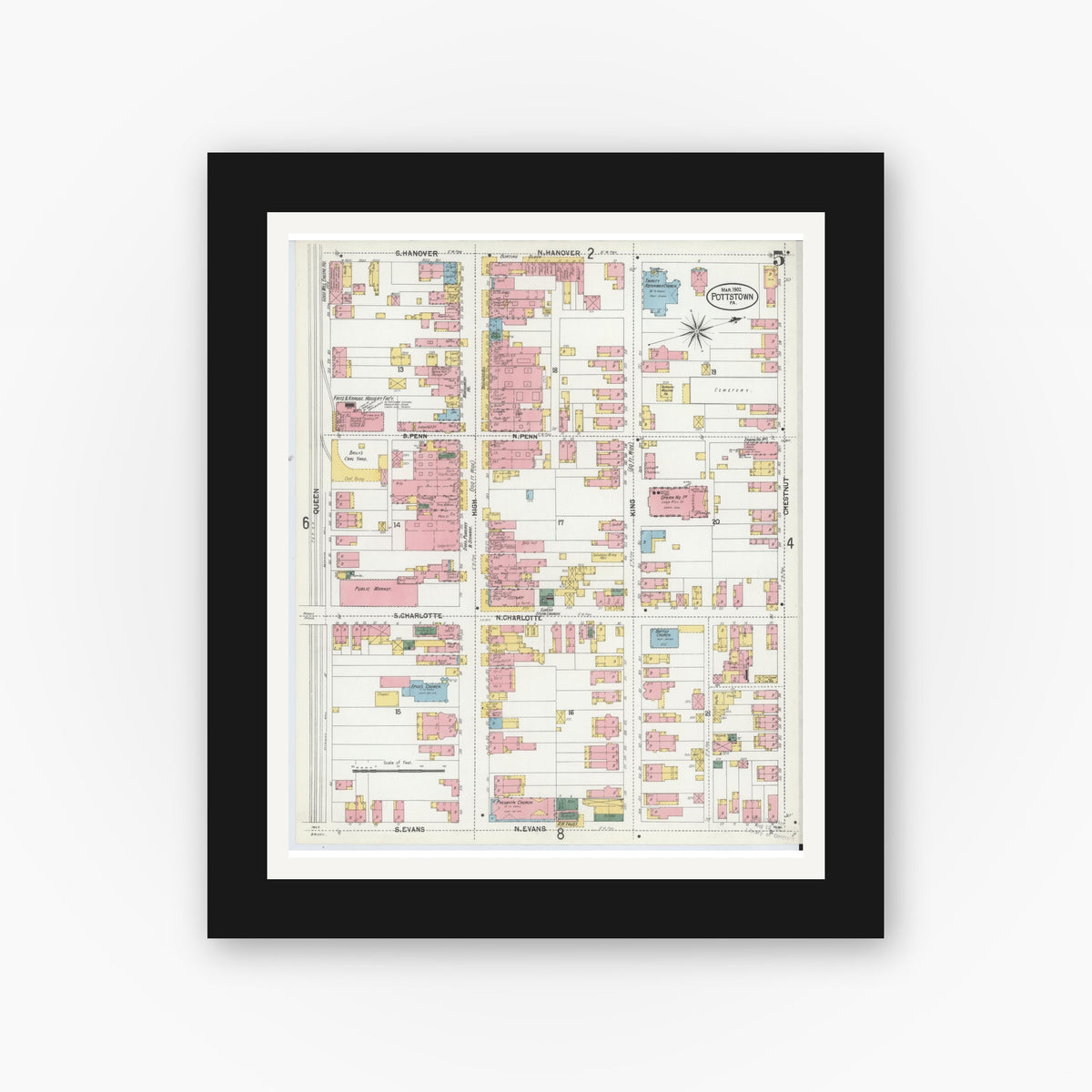 Old map wall art mockup — black gallery frame with white mat — Sanborn Fire Insurance Map from Pottstown, Montgomery County, Pennsylvania (1902), Sheet #0005