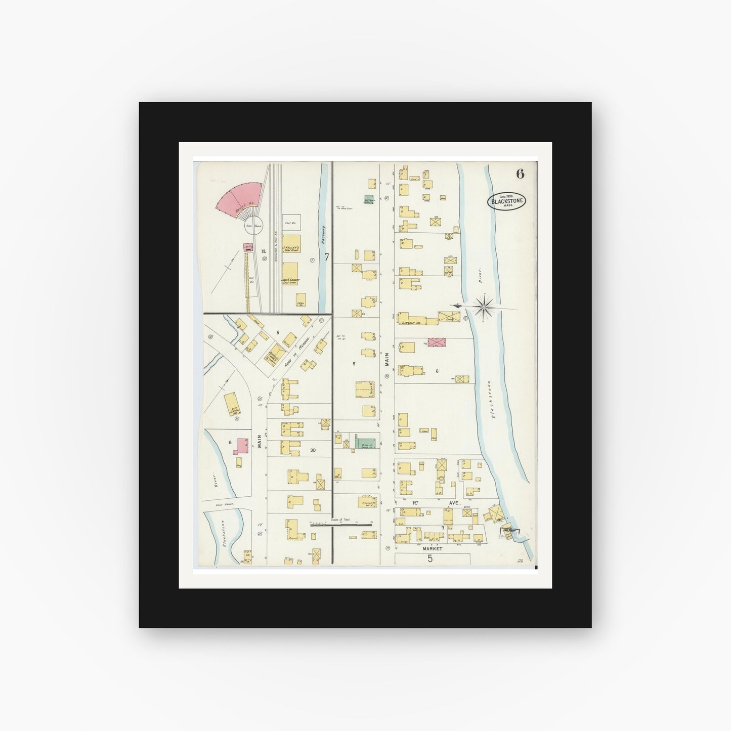 Old map wall art mockup — black gallery frame with white mat — Sanborn Fire Insurance Map from Blackstone, Worcester County, Massachusetts (1898), Sheet #0006