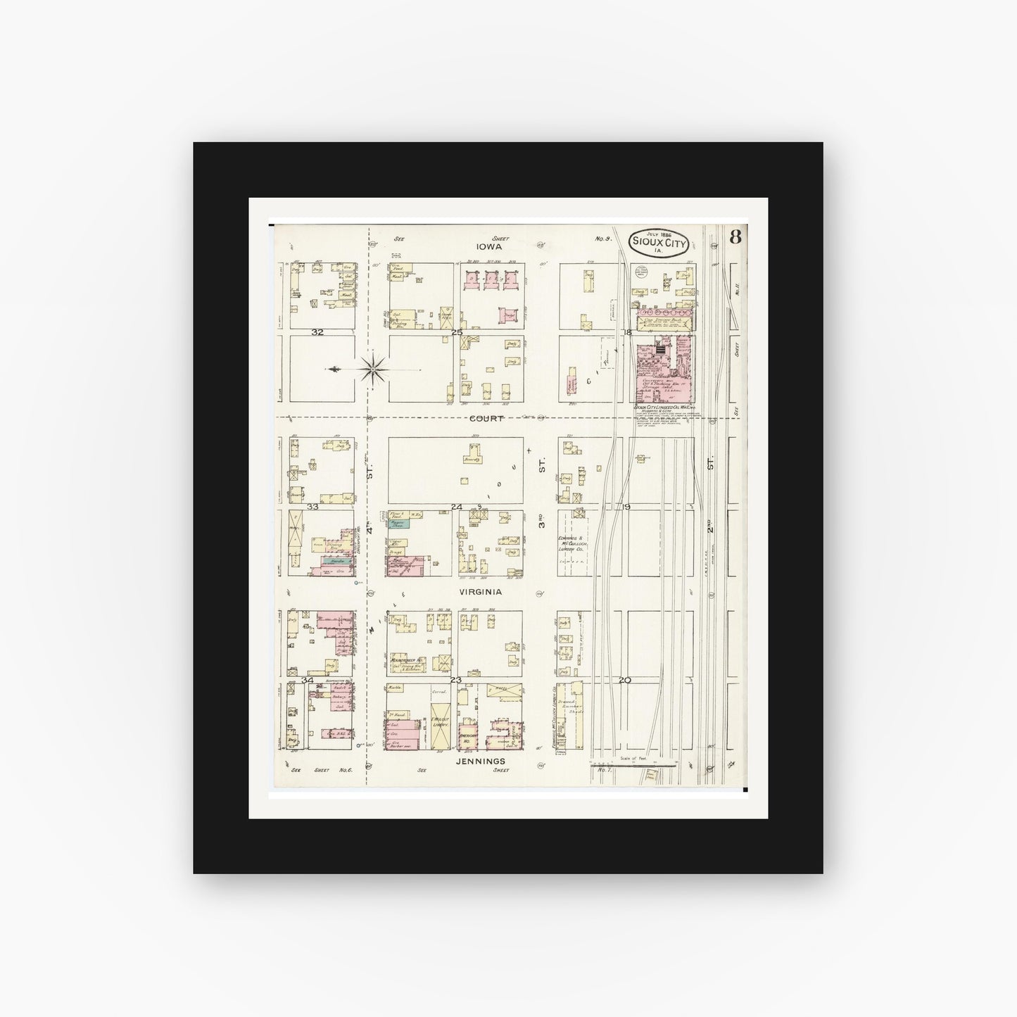 Old map wall art mockup — black gallery frame with white mat — Sanborn Fire Insurance Map from Sioux City, Woodbury County, Iowa (1886), Sheet #0008