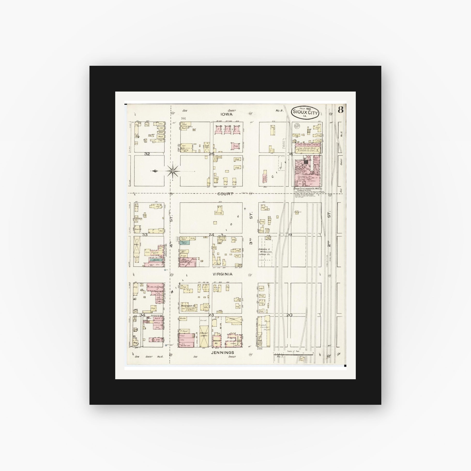 Old map wall art mockup — black gallery frame with white mat — Sanborn Fire Insurance Map from Sioux City, Woodbury County, Iowa (1886), Sheet #0008