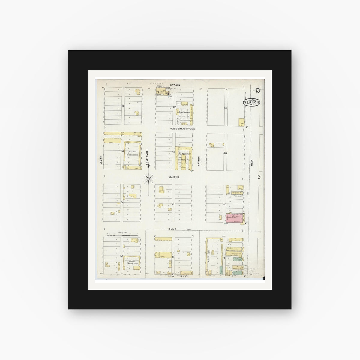 Old map wall art mockup — black gallery frame with white mat — Sanborn Fire Insurance Map from Vernon, Wilbarger County, Texas (1896), Sheet #0005
