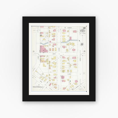 Old map wall art mockup — black gallery frame with white mat — Sanborn Fire Insurance Map from Mankato, Blue Earth County, Minnesota (1908), Sheet #0010