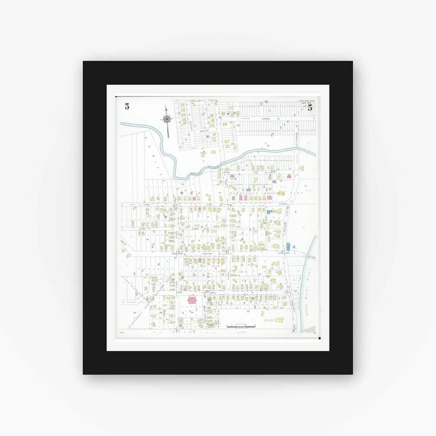 Old map wall art mockup — black gallery frame with white mat — Sanborn Fire Insurance Map from Loveland, Clermont, Hamilton, And Warren County, Ohio (1946), Sheet #0005
