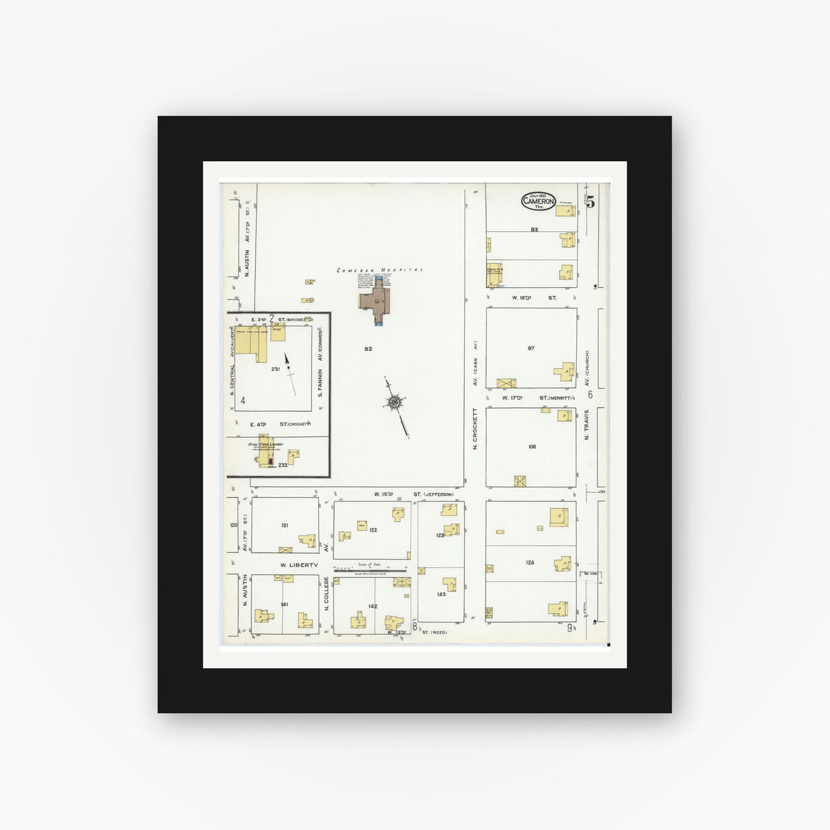 Old map wall art mockup — black gallery frame with white mat — Sanborn Fire Insurance Map from Cameron, Milam County, Texas (1920), Sheet #0005