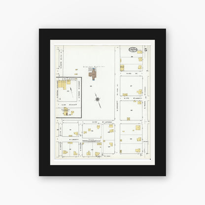 Old map wall art mockup — black gallery frame with white mat — Sanborn Fire Insurance Map from Cameron, Milam County, Texas (1920), Sheet #0005