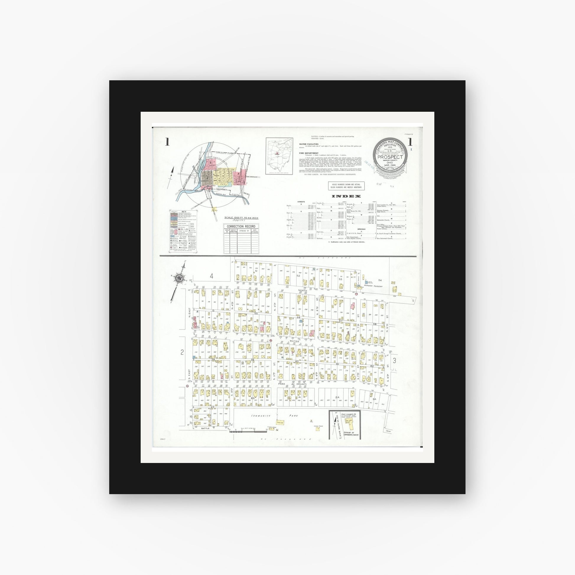Old map wall art mockup — black gallery frame with white mat — Sanborn Fire Insurance Map from Prospect, Marion County, Ohio (1946) - Complete Map Set
