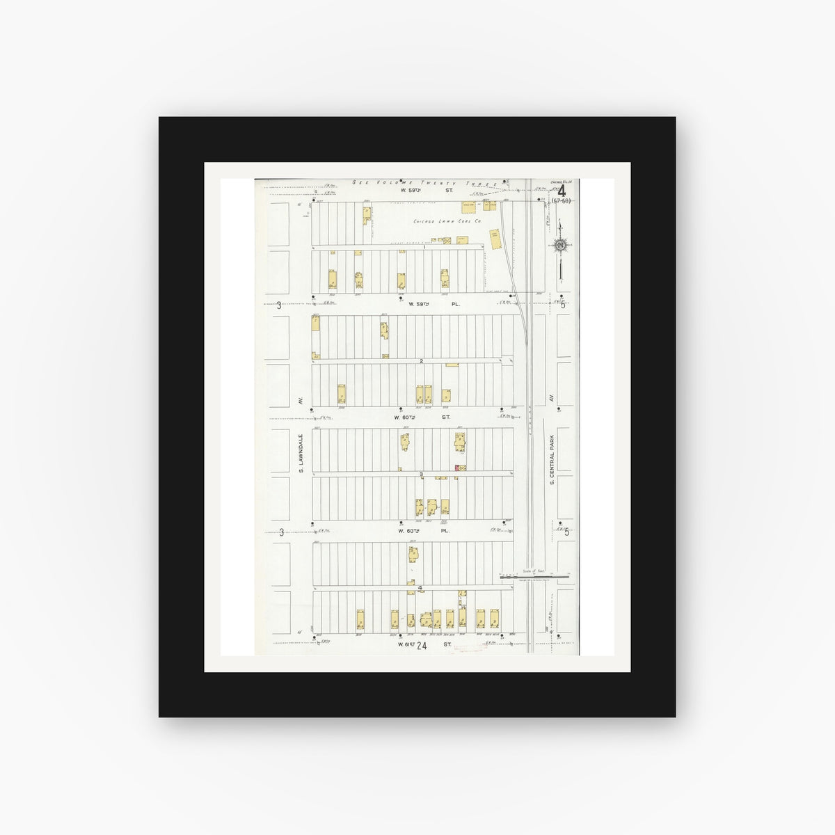 Old map wall art mockup — black gallery frame with white mat — Sanborn Fire Insurance Map from Chicago, Cook County, Illinois (1920), Sheet #0004