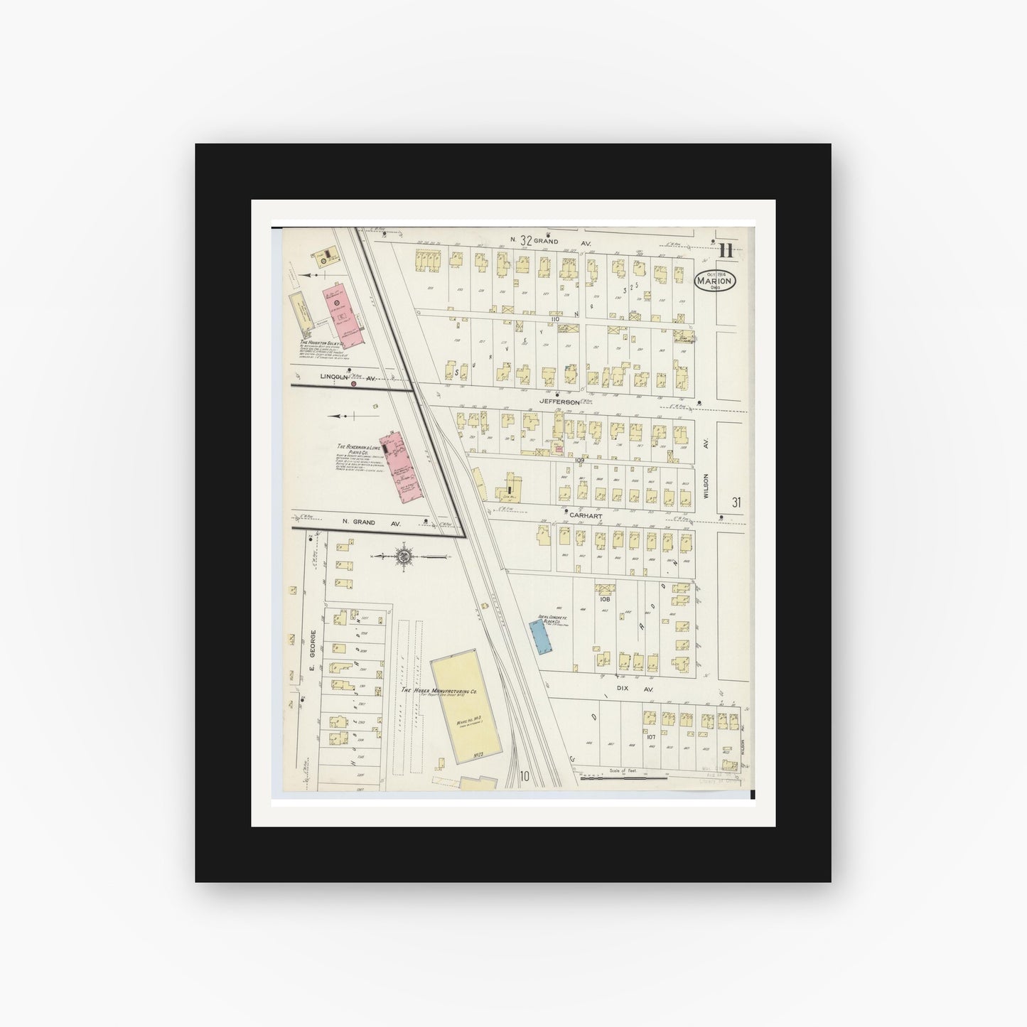 Old map wall art mockup — black gallery frame with white mat — Sanborn Fire Insurance Map from Marion, Marion County, Ohio (1914), Sheet #0011