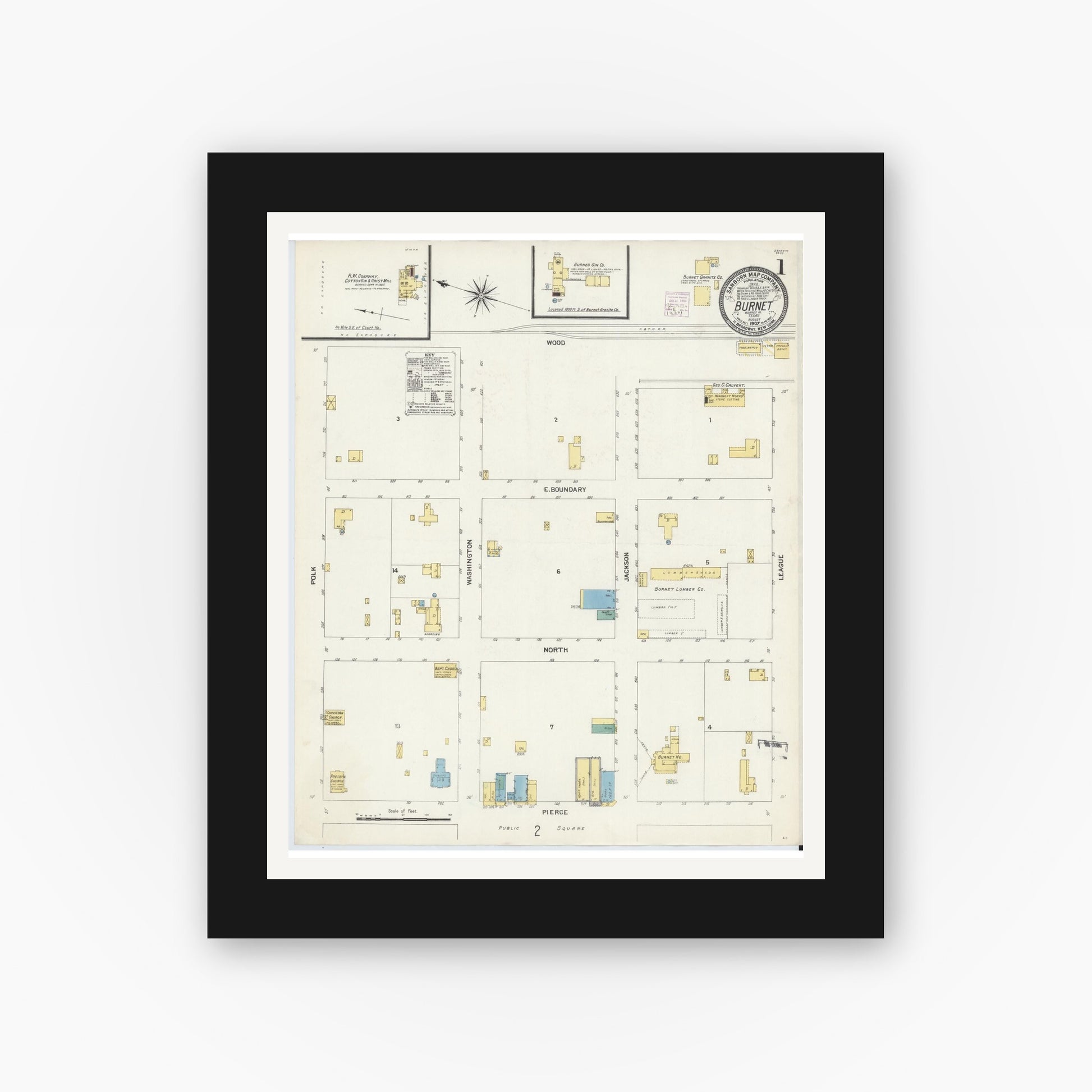 Old map wall art mockup — black gallery frame with white mat — Sanborn Fire Insurance Map from Burnet, Burnet County, Texas (1907), Sheet #0001