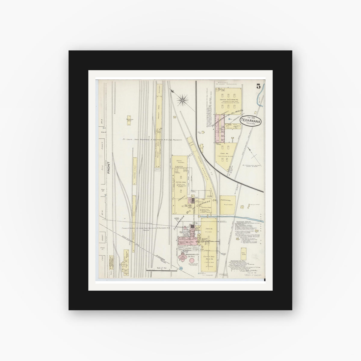 Old map wall art mockup — black gallery frame with white mat — Sanborn Fire Insurance Map from Texarkana, Bowie County, Texas (1888), Sheet #0005