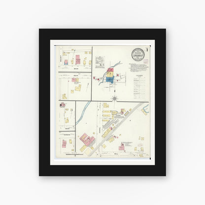 Old map wall art mockup — black gallery frame with white mat — Sanborn Fire Insurance Map from Louisville, Stark County, Ohio (1908), Sheet #0001