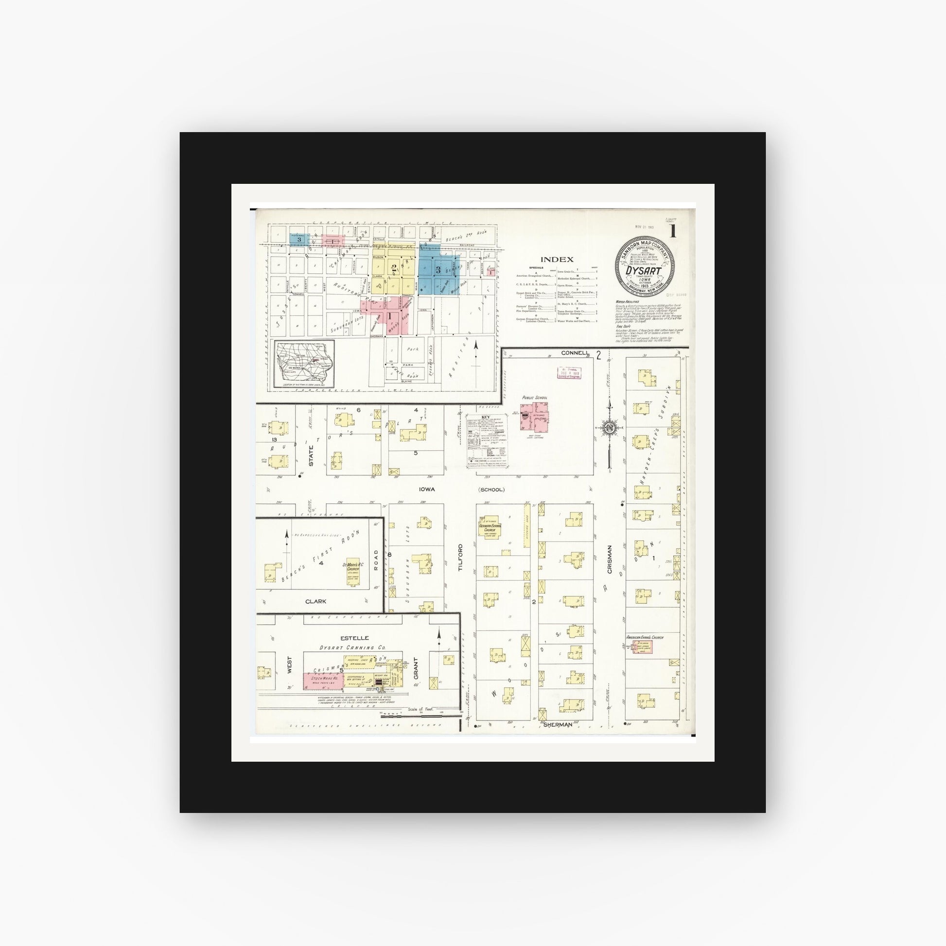 Old map wall art mockup — black gallery frame with white mat — Sanborn Fire Insurance Map from Dysart, Tama County, Iowa (1913) â€” Complete Set