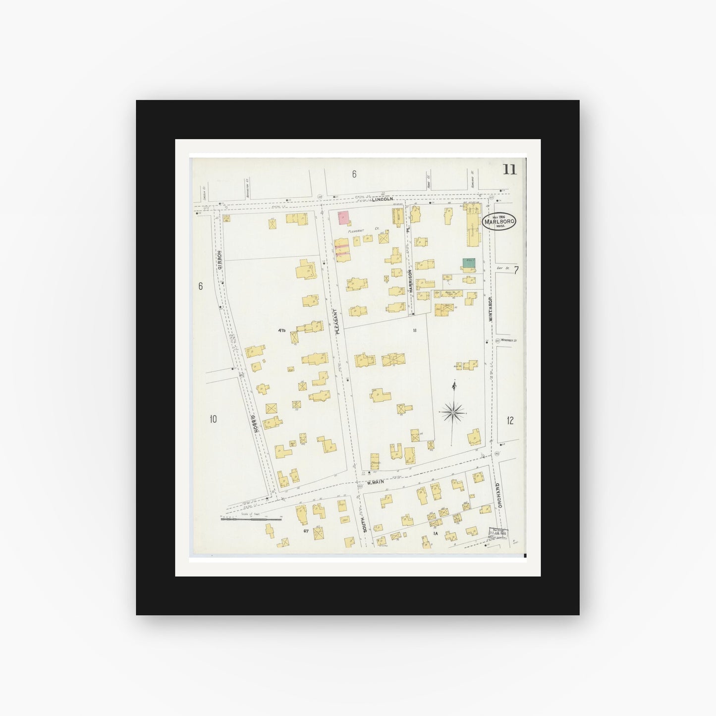 Old map wall art mockup — black gallery frame with white mat — Sanborn Fire Insurance Map from Marlborough, Middlesex County, Massachusetts (1906), Sheet #0011