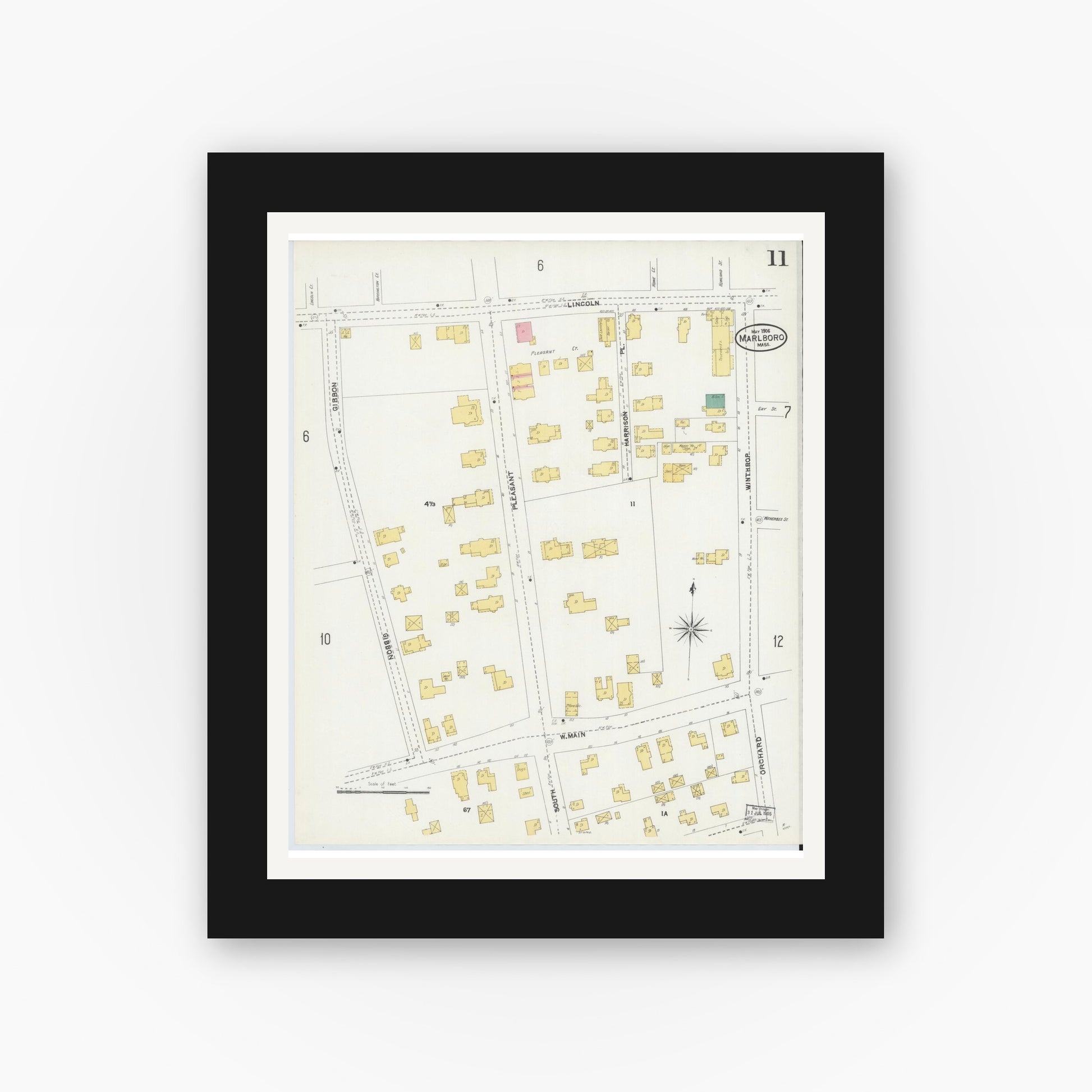 Old map wall art mockup — black gallery frame with white mat — Sanborn Fire Insurance Map from Marlborough, Middlesex County, Massachusetts (1906), Sheet #0011