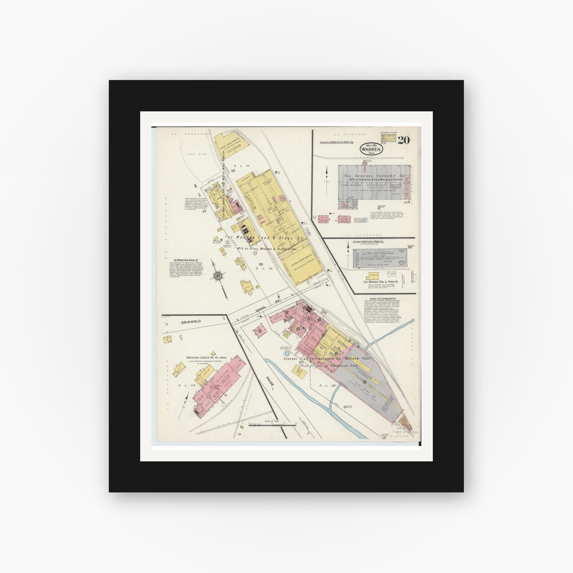 Old map wall art mockup — black gallery frame with white mat — Sanborn Fire Insurance Map from Warren, Trumbull County, Ohio (1915), Sheet #0020