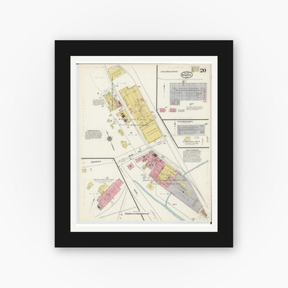 Old map wall art mockup — black gallery frame with white mat — Sanborn Fire Insurance Map from Warren, Trumbull County, Ohio (1915), Sheet #0020