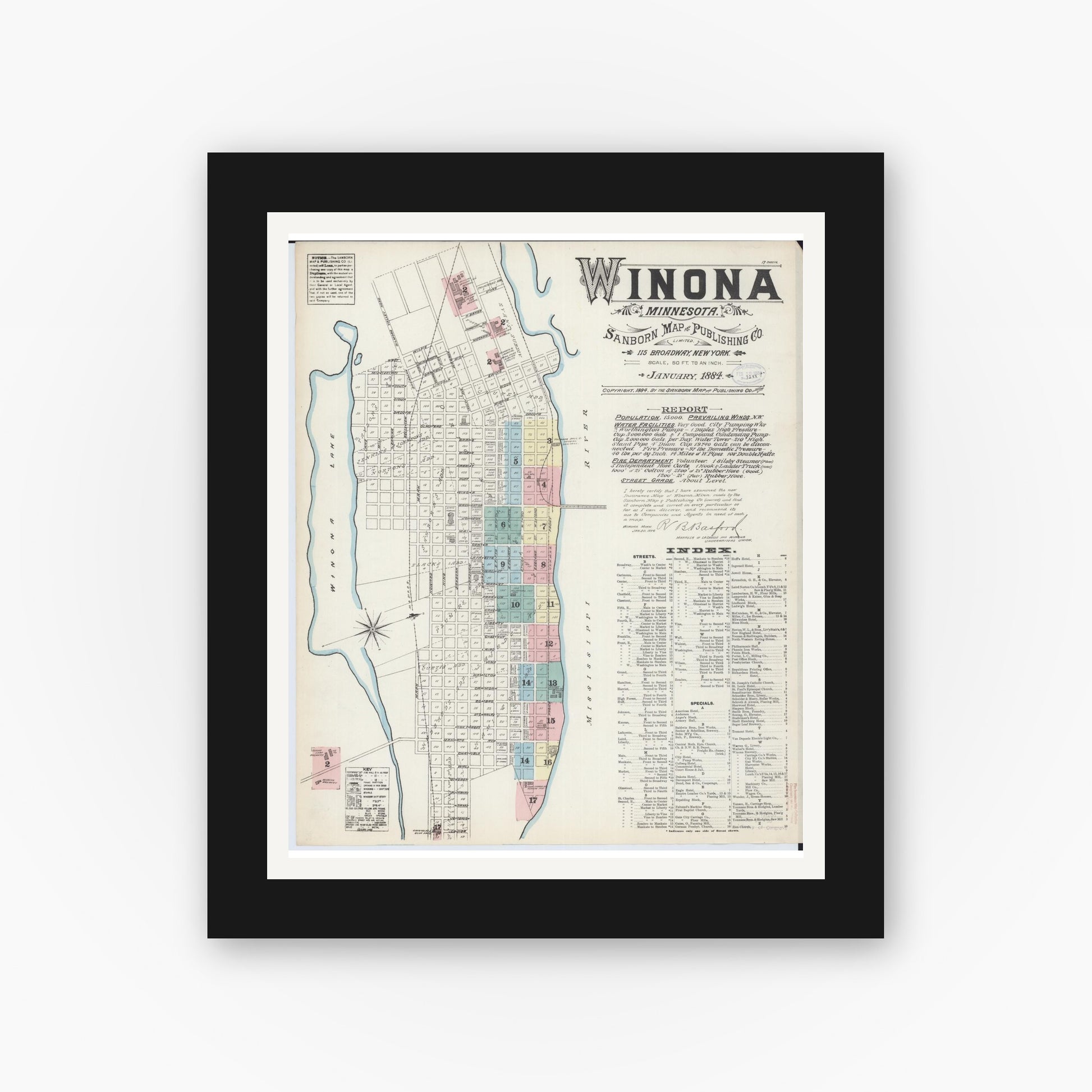 Old map wall art mockup — black gallery frame with white mat — Sanborn Fire Insurance Map from Winona, Winona County, Minnesota (1884) - Complete Map Set