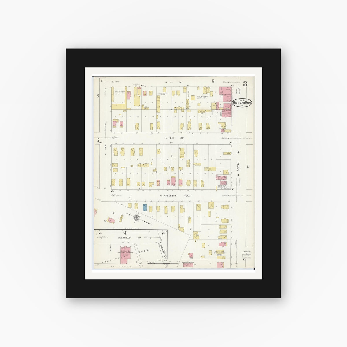 Old map wall art mockup — black gallery frame with white mat — Sanborn Fire Insurance Map from Highland Park, Lake County, Illinois (1912), Sheet #0003