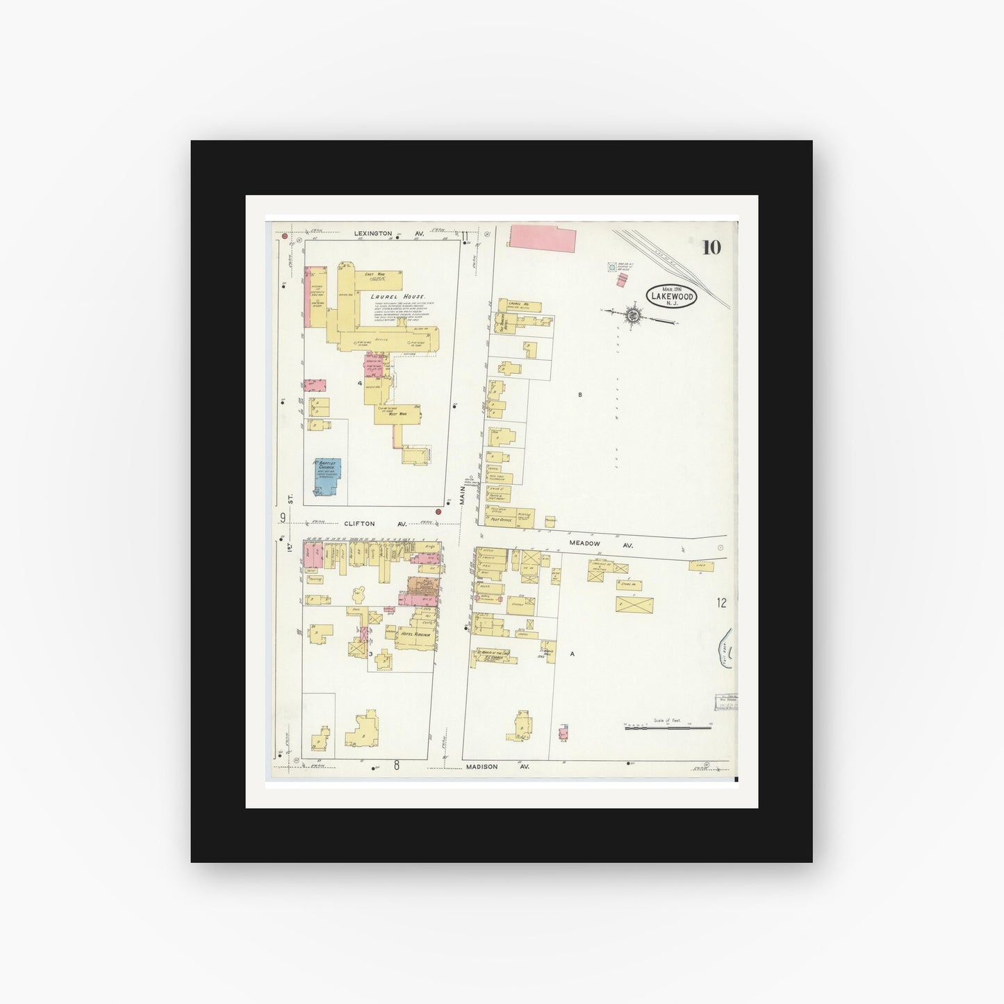 Old map wall art mockup — black gallery frame with white mat — Sanborn Fire Insurance Map from Lakewood, Ocean County, New Jersey (1916), Sheet #0010