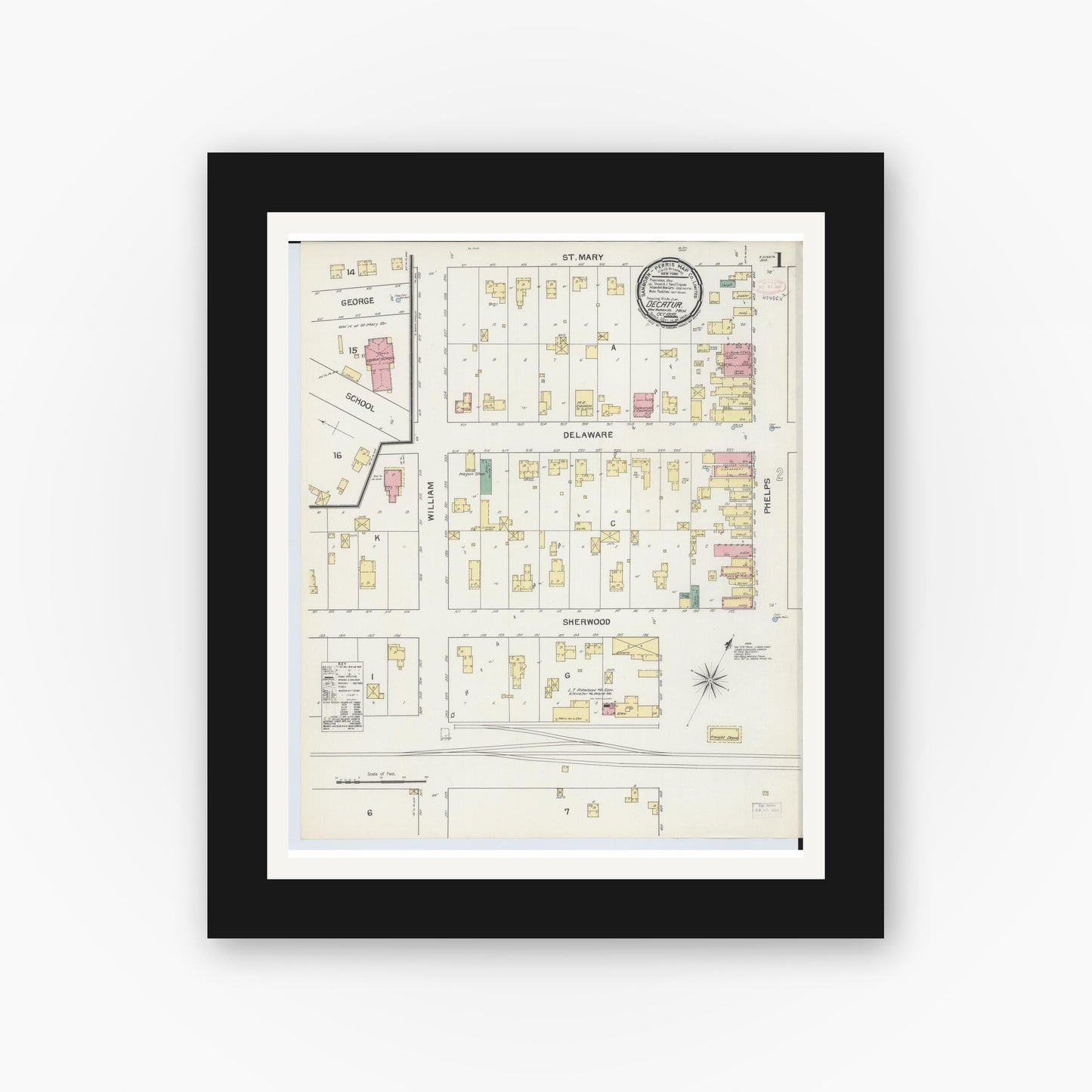 Old map wall art mockup — black gallery frame with white mat — Sanborn Fire Insurance Map from Decatur, Van Buren County, Michigan (1892) - Complete Map Set