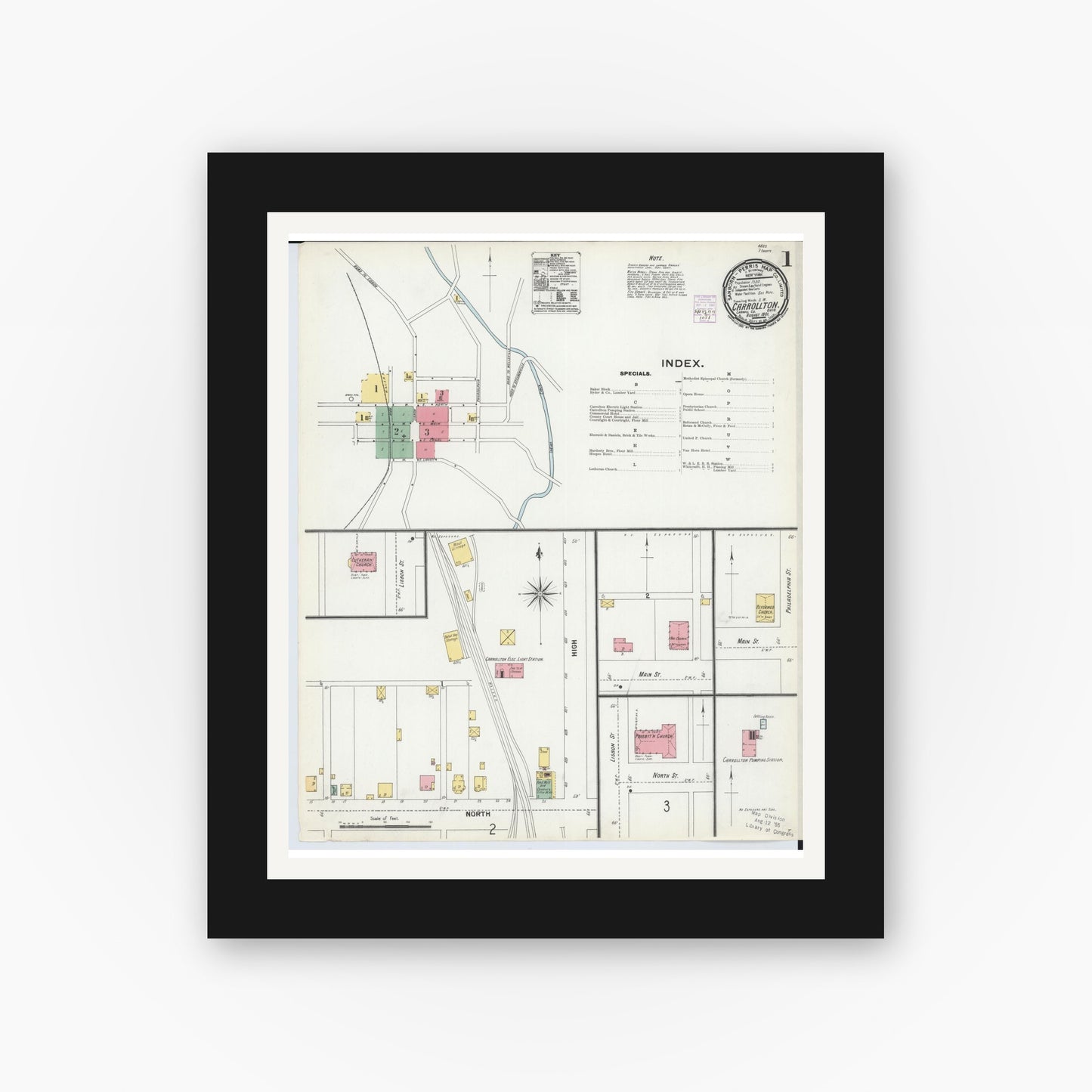 Old map wall art mockup — black gallery frame with white mat — Sanborn Fire Insurance Map from Carrollton, Carroll County, Ohio (1901) - Complete Map Set