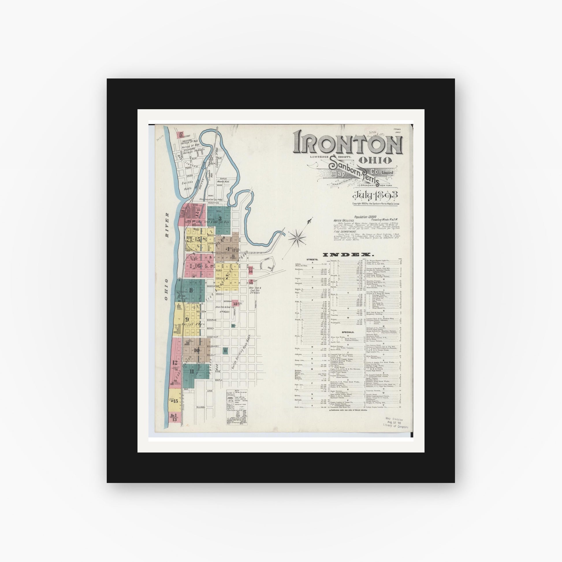 Old map wall art mockup — black gallery frame with white mat — Sanborn Fire Insurance Map from Ironton, Lawrence County, Ohio (1893) - Complete Map Set