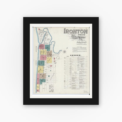 Old map wall art mockup — black gallery frame with white mat — Sanborn Fire Insurance Map from Ironton, Lawrence County, Ohio (1893) - Complete Map Set