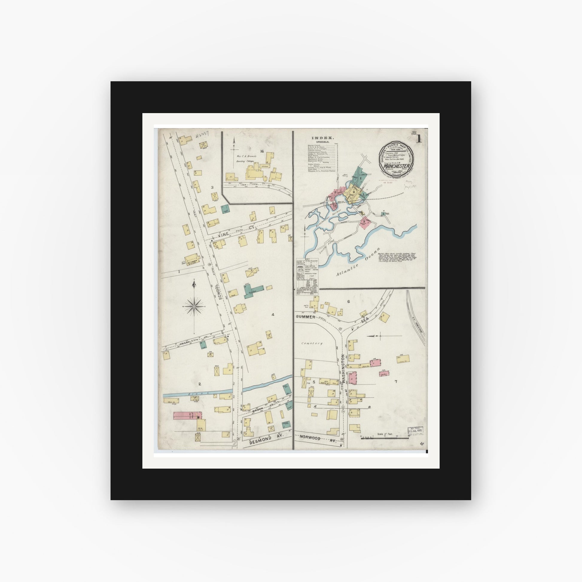 Old map wall art mockup — black gallery frame with white mat — Sanborn Fire Insurance Map from Manchester, Essex County, Massachusetts (1894) - Complete Map Set