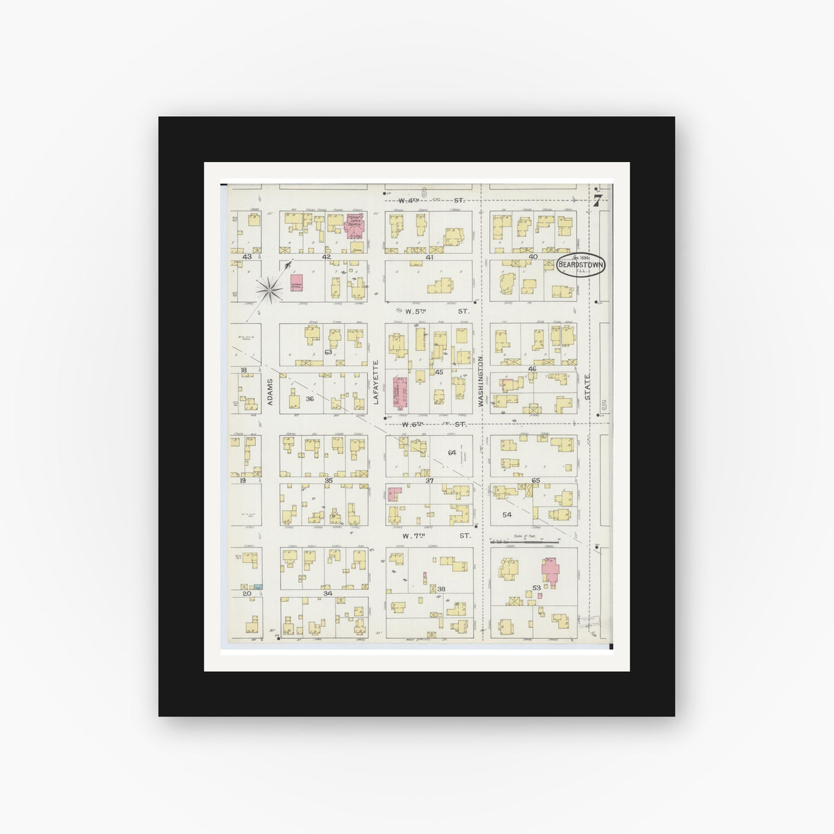 Old map wall art mockup — black gallery frame with white mat — Sanborn Fire Insurance Map from Beardstown, Cass County, Illinois (1894), Sheet #0007