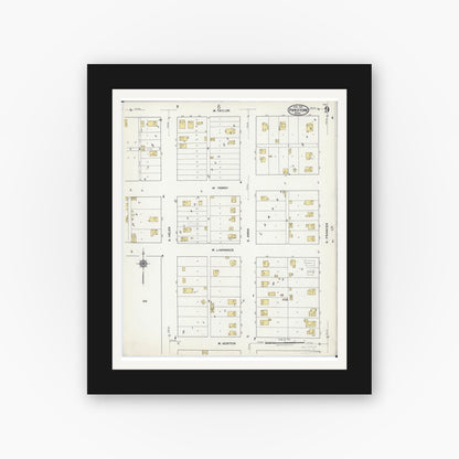Old map wall art mockup — black gallery frame with white mat — Sanborn Fire Insurance Map from Pipestone, Pipestone County, Minnesota (1921), Sheet #0009