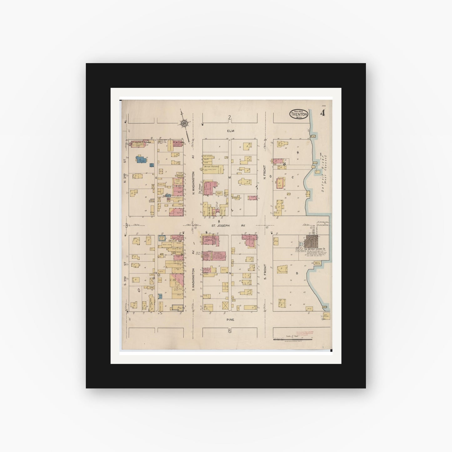 Old map wall art mockup — black gallery frame with white mat — Sanborn Fire Insurance Map from Trenton, Wayne County, Michigan (1922), Sheet #0004